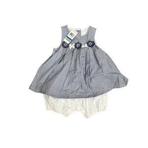 Baby Girls 24M Blue & White Sleeveless Dress W/ Floral Appliques & Bloomers